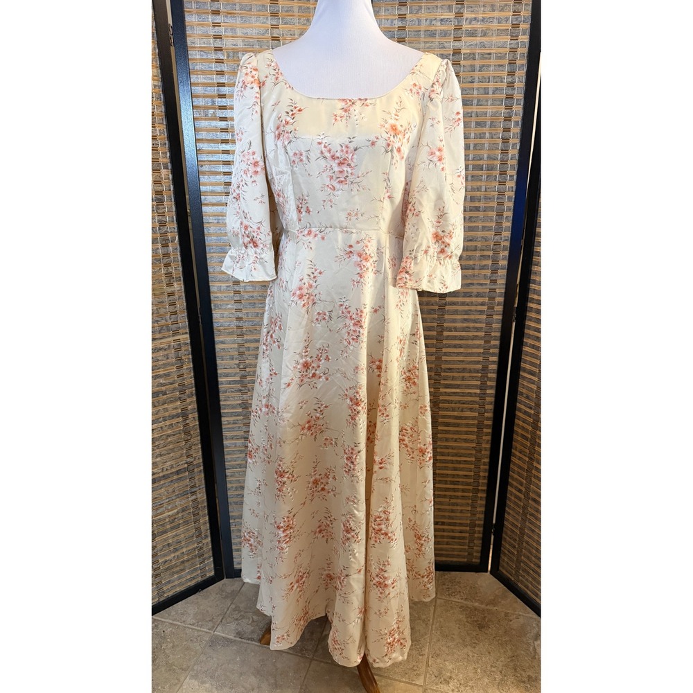 Handmade Floral Maxi Dress Women Small Cream Peach Cottagecore Puff Sleeve